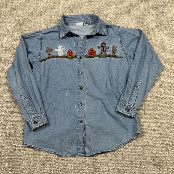 Womens Large Embroidered Denim Jean Shirt Fall Ghost Pumpkins Button Down *Flaws - Picture 1 of 10